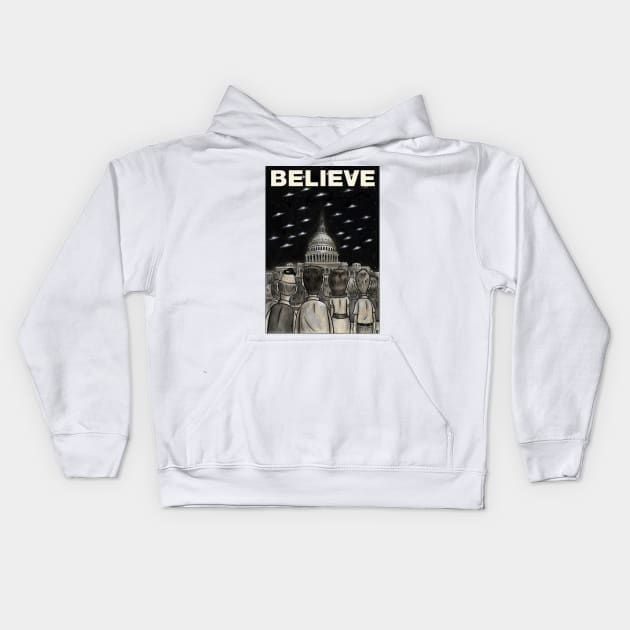 Saucer Wash Believe Kids Hoodie by AtomicMadhouse